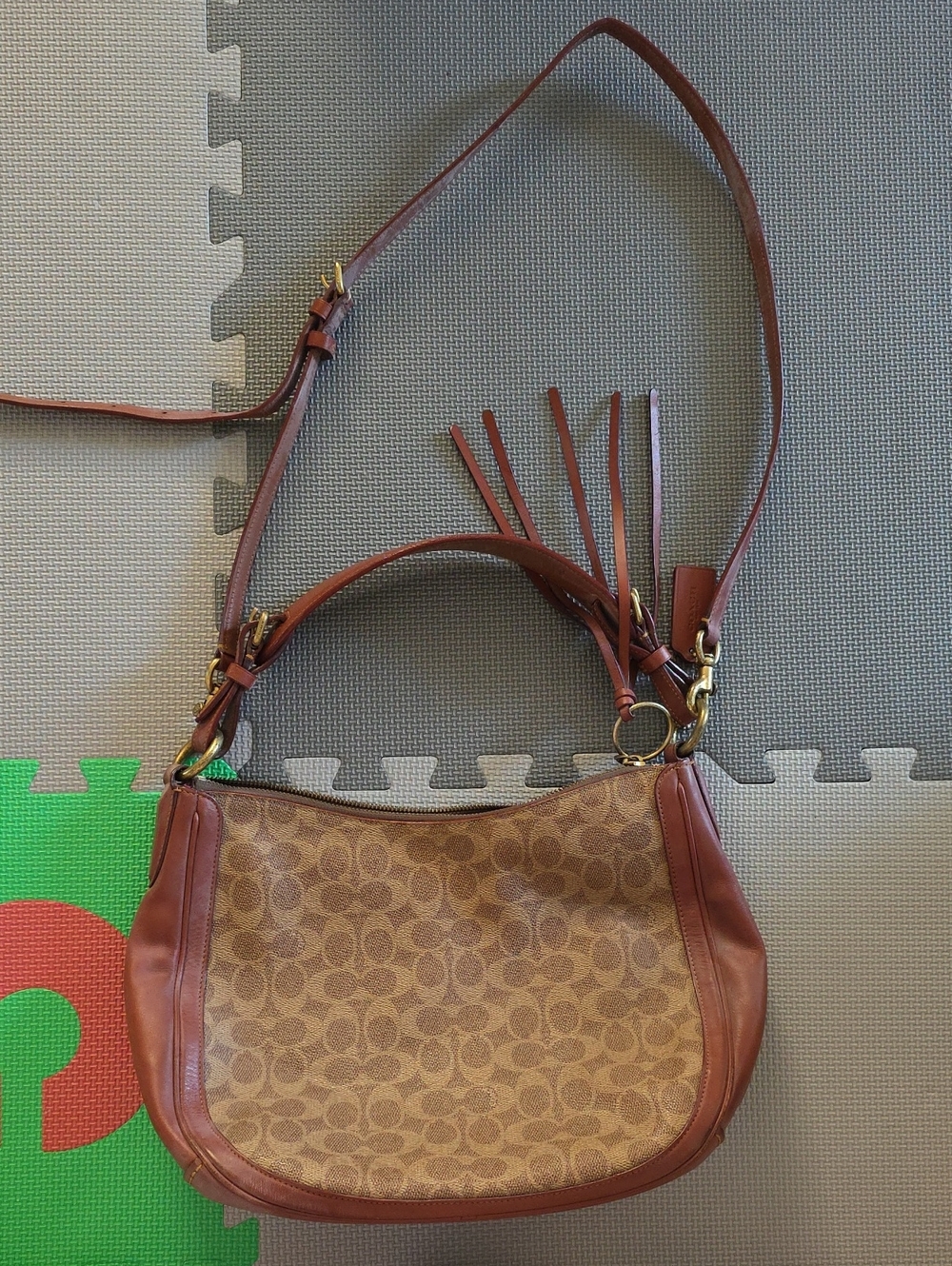 Coach Tan Signature-Print Shoulder Bag with Brown Leather Trim